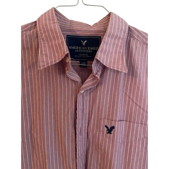 American Eagle Mens Button Up Large Pink w/Blue Striped Button Up Shirt - Picture 2 of 3